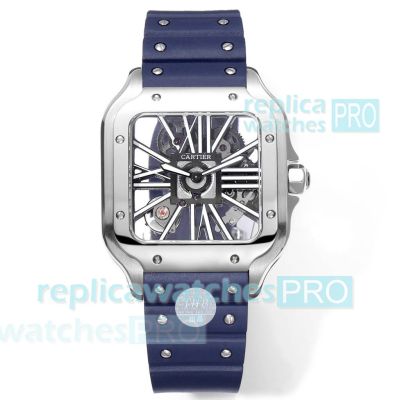 THB Factory Swiss Clone Cartier Santos Skeleton Stainless Steel Watch Blue Rubber Strap 